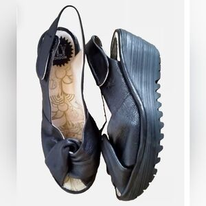 Fly London Yakin Black  Open Toe Wedge Sandals. Sz 37.